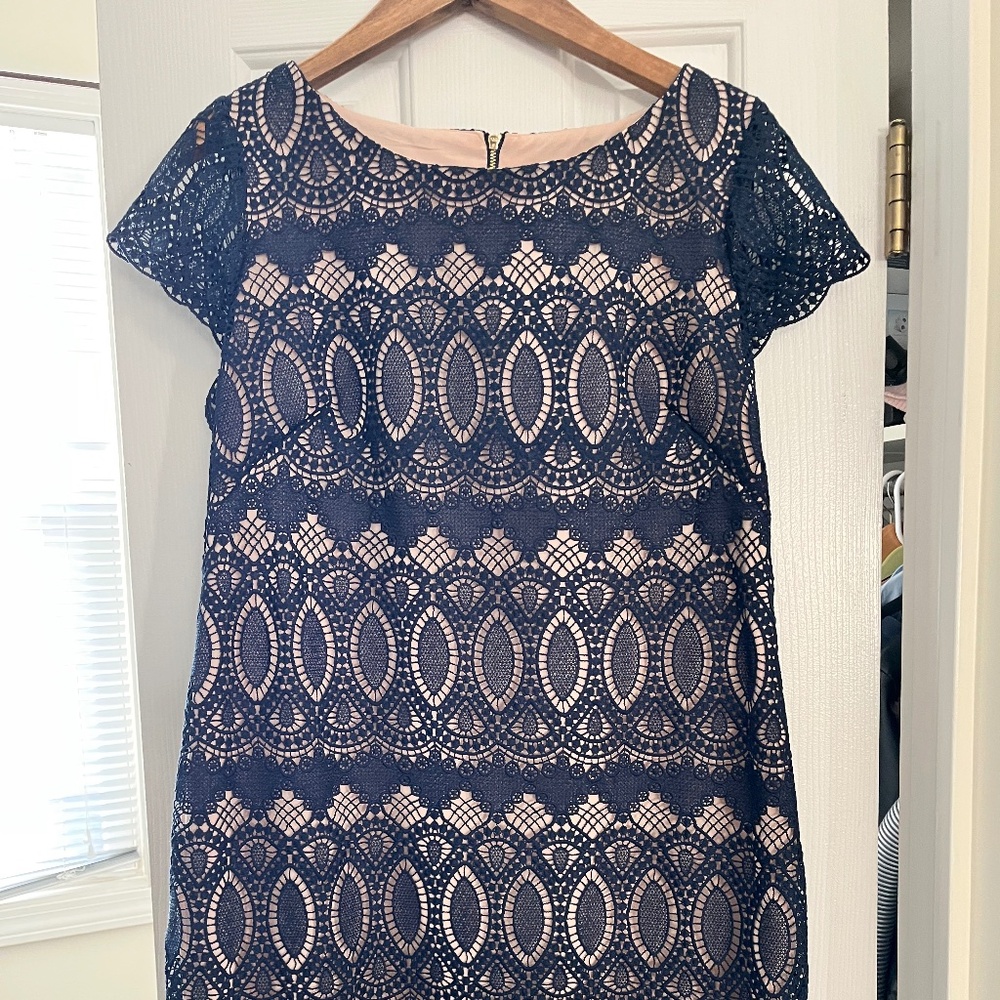 ELIZA J COCKTAIL DRESS. Sz 14P. Navy blue lace. Midi length